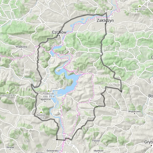 Map miniature of "Loops through Małopolskie Countryside" cycling inspiration in Małopolskie, Poland. Generated by Tarmacs.app cycling route planner