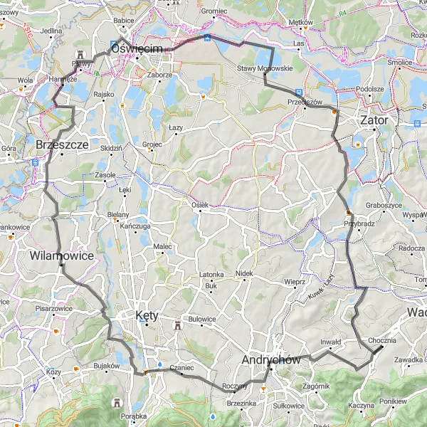 Map miniature of "Beskidzkie Wysklepy" cycling inspiration in Małopolskie, Poland. Generated by Tarmacs.app cycling route planner