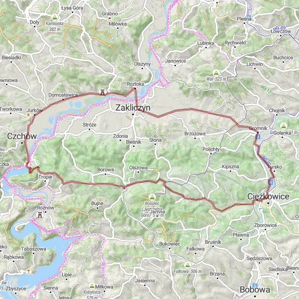 Map miniature of "Dzierżaniny Trail" cycling inspiration in Małopolskie, Poland. Generated by Tarmacs.app cycling route planner