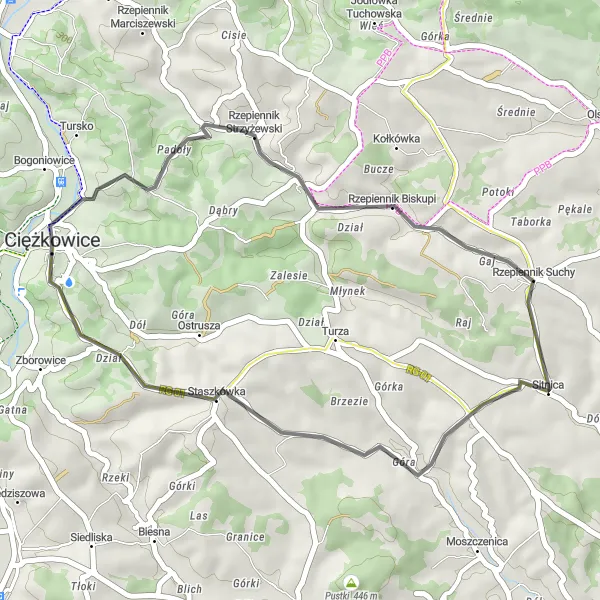 Map miniature of "Sitnica Loop" cycling inspiration in Małopolskie, Poland. Generated by Tarmacs.app cycling route planner