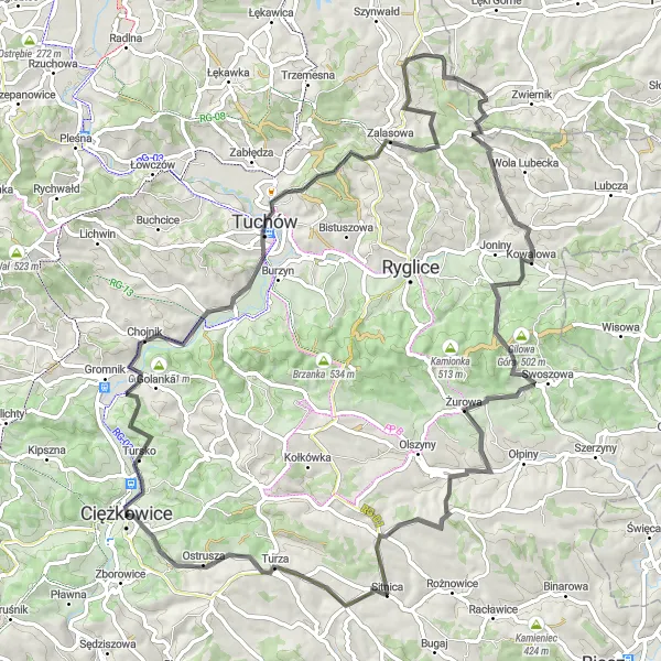 Map miniature of "Scenic Countryside Loop" cycling inspiration in Małopolskie, Poland. Generated by Tarmacs.app cycling route planner