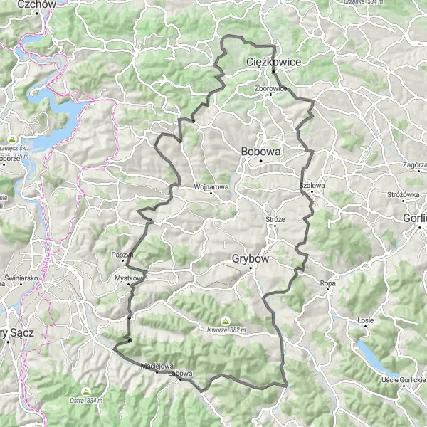 Map miniature of "Mountains and Valleys Adventure" cycling inspiration in Małopolskie, Poland. Generated by Tarmacs.app cycling route planner