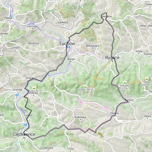 Map miniature of "Countryside and Natural Wonders" cycling inspiration in Małopolskie, Poland. Generated by Tarmacs.app cycling route planner