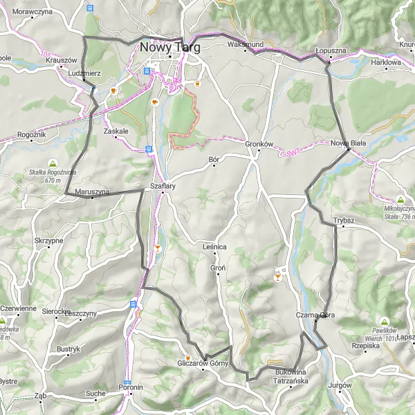 Map miniature of "Czarna Góra Loop: A Challenging Road Cycling Adventure" cycling inspiration in Małopolskie, Poland. Generated by Tarmacs.app cycling route planner