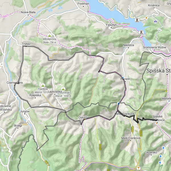 Map miniature of "A Scenic Road Cycling Route with Diverse Landscapes: Czarna Góra to Trybsz" cycling inspiration in Małopolskie, Poland. Generated by Tarmacs.app cycling route planner