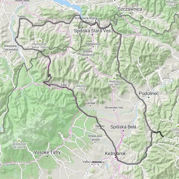 Map miniature of "Road Cycling Adventure in the Tatras" cycling inspiration in Małopolskie, Poland. Generated by Tarmacs.app cycling route planner