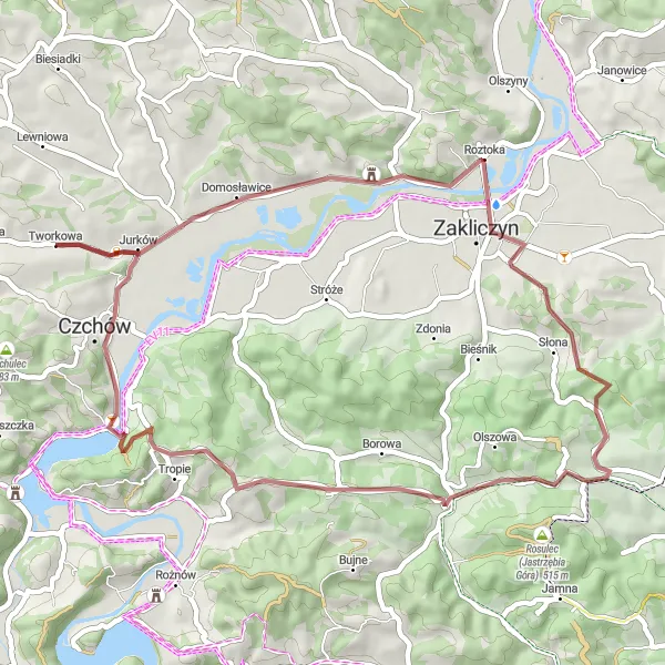 Map miniature of "Czchów Gravel Adventure" cycling inspiration in Małopolskie, Poland. Generated by Tarmacs.app cycling route planner