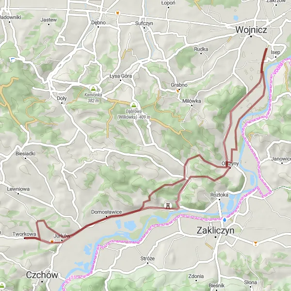 Map miniature of "Tranquil Gravel Adventure near Czchów" cycling inspiration in Małopolskie, Poland. Generated by Tarmacs.app cycling route planner