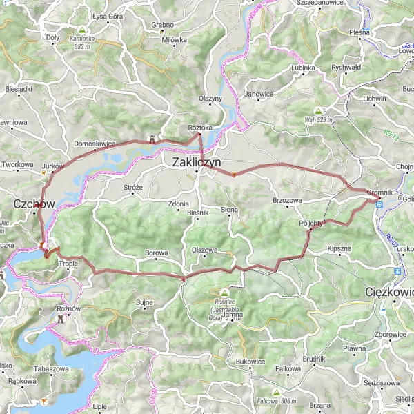 Map miniature of "Discovering the Gravel Roads of Czchów" cycling inspiration in Małopolskie, Poland. Generated by Tarmacs.app cycling route planner