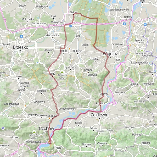 Map miniature of "Exploring the Gravel Trails of Czchów" cycling inspiration in Małopolskie, Poland. Generated by Tarmacs.app cycling route planner