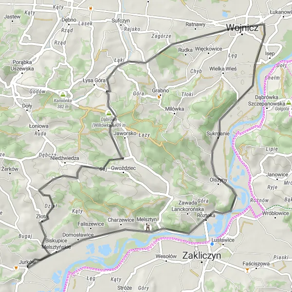 Miniatura mapy "Trasa przez Złotą i Panieńską Górę" - trasy rowerowej w Małopolskie, Poland. Wygenerowane przez planer tras rowerowych Tarmacs.app