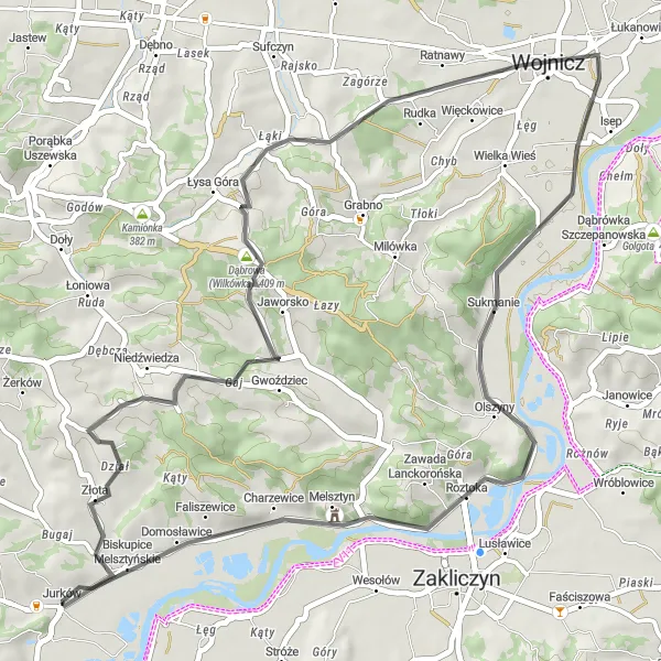 Map miniature of "Scenic Road Ride around Czchów" cycling inspiration in Małopolskie, Poland. Generated by Tarmacs.app cycling route planner