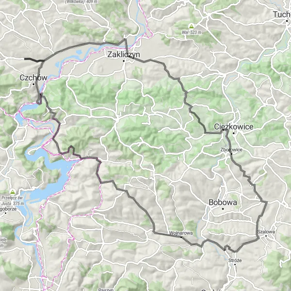 Map miniature of "Road Cycling Adventure in Czchów" cycling inspiration in Małopolskie, Poland. Generated by Tarmacs.app cycling route planner