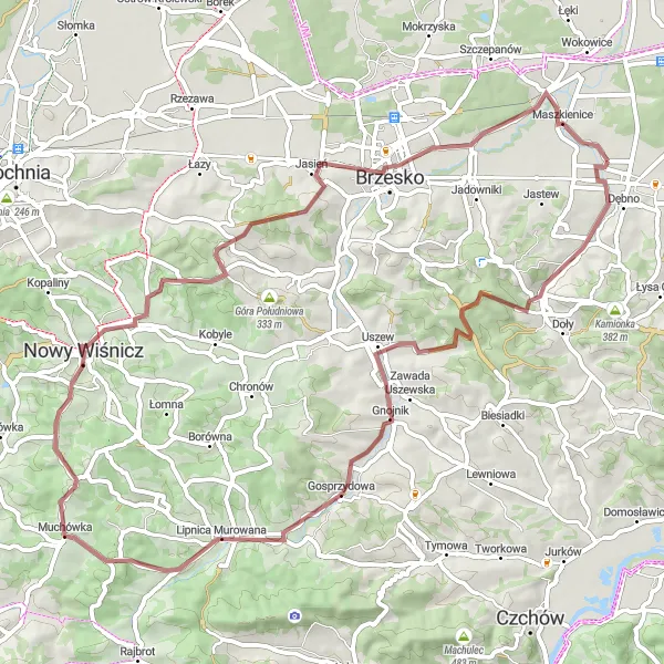 Map miniature of "Scenic Gravel Route to Stary Wiśnicz" cycling inspiration in Małopolskie, Poland. Generated by Tarmacs.app cycling route planner