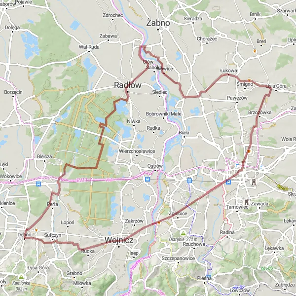 Map miniature of "Gravel route through scenic countryside" cycling inspiration in Małopolskie, Poland. Generated by Tarmacs.app cycling route planner