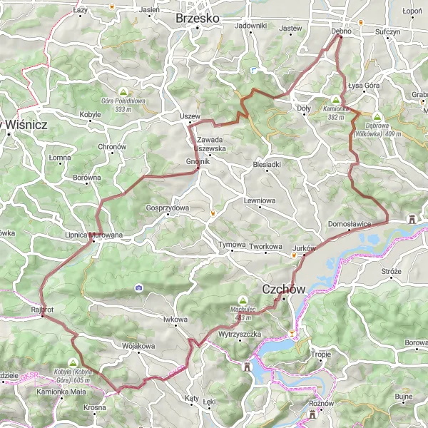 Map miniature of "Off-road adventure through gravel paths" cycling inspiration in Małopolskie, Poland. Generated by Tarmacs.app cycling route planner