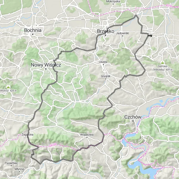 Map miniature of "Challenging road route with stunning vistas" cycling inspiration in Małopolskie, Poland. Generated by Tarmacs.app cycling route planner