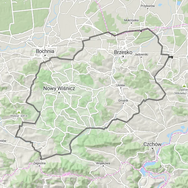 Map miniature of "Around Łoniowa" cycling inspiration in Małopolskie, Poland. Generated by Tarmacs.app cycling route planner