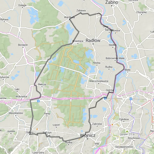 Map miniature of "Biskupice Radłowskie Loop" cycling inspiration in Małopolskie, Poland. Generated by Tarmacs.app cycling route planner
