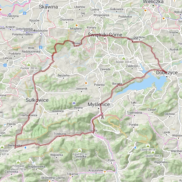 Map miniature of "Granite Heights: Dobczyce's Challenging Gravel Trail" cycling inspiration in Małopolskie, Poland. Generated by Tarmacs.app cycling route planner