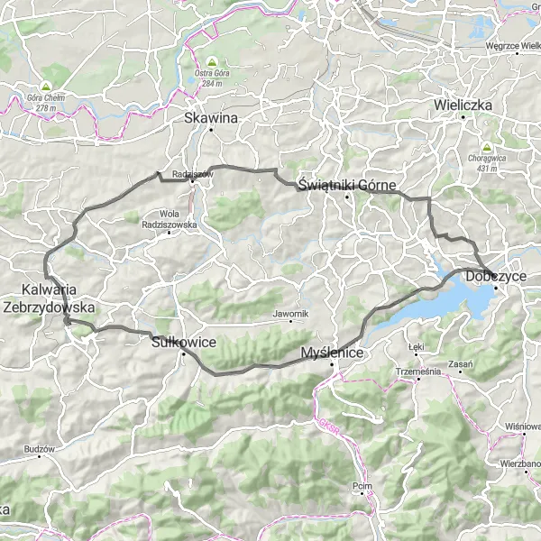 Miniatura mapy "Trasa rowerowa: Przejażdżka po okolicach Dobczyc" - trasy rowerowej w Małopolskie, Poland. Wygenerowane przez planer tras rowerowych Tarmacs.app