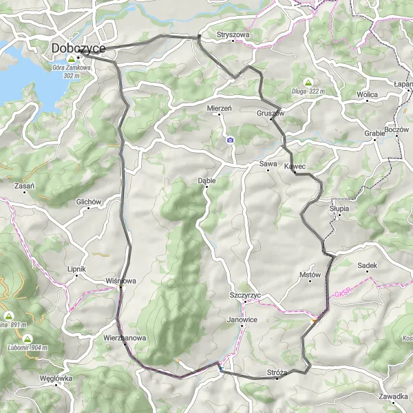 Map miniature of "Scenic Road Ride to Góra Zamkowa" cycling inspiration in Małopolskie, Poland. Generated by Tarmacs.app cycling route planner