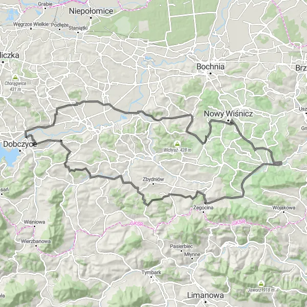 Miniatura mapy "Trasa do Tarnawskiej Góry" - trasy rowerowej w Małopolskie, Poland. Wygenerowane przez planer tras rowerowych Tarmacs.app
