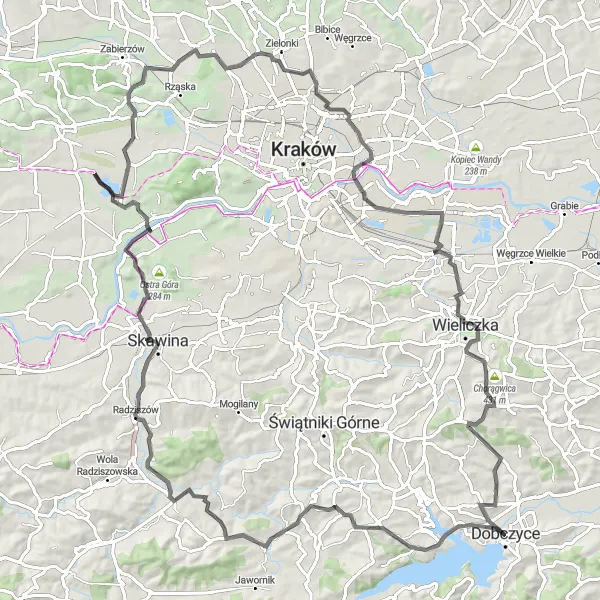 Map miniature of "Road Cycling Extravaganza: Exploring Dobczyce's Scenic Highway" cycling inspiration in Małopolskie, Poland. Generated by Tarmacs.app cycling route planner