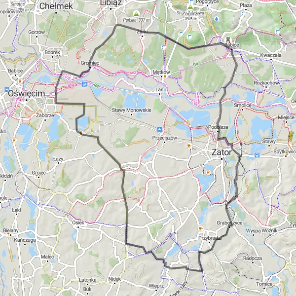 Map miniature of "Scenic Ride to Gromiec" cycling inspiration in Małopolskie, Poland. Generated by Tarmacs.app cycling route planner