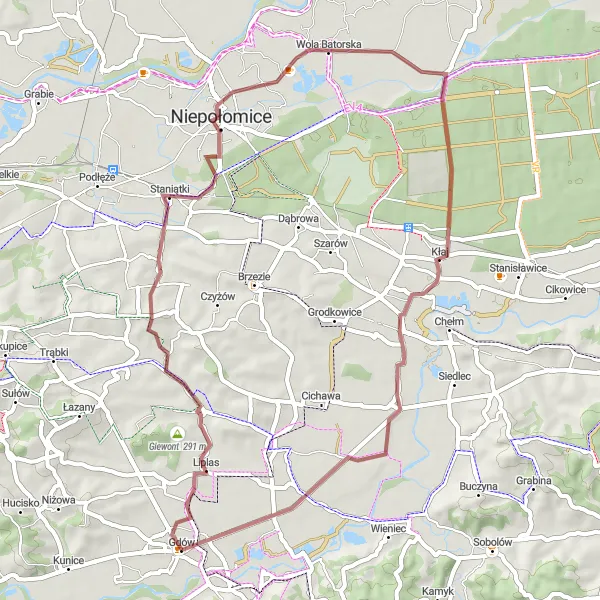 Miniatura mapy "Trasa Gravelowa przez Staniątki i Kłaj" - trasy rowerowej w Małopolskie, Poland. Wygenerowane przez planer tras rowerowych Tarmacs.app