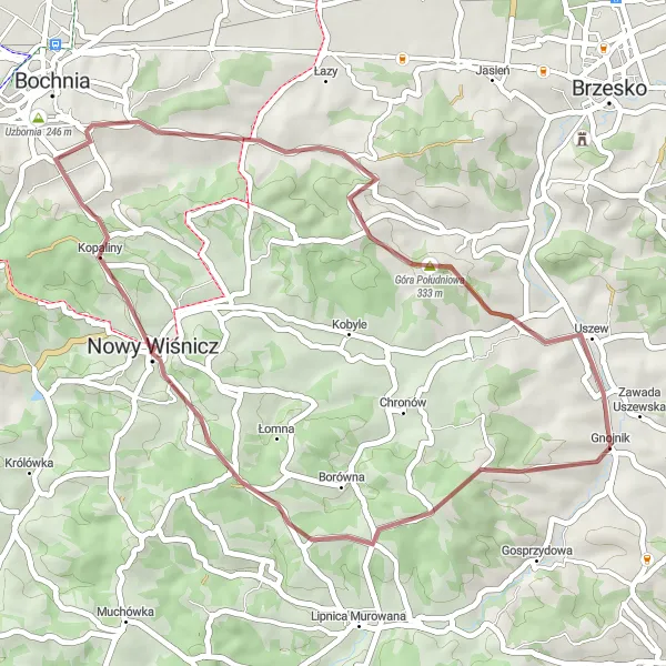 Map miniature of "Gravel Loop around Gnojnik" cycling inspiration in Małopolskie, Poland. Generated by Tarmacs.app cycling route planner