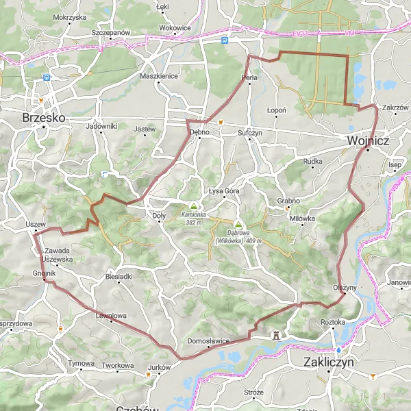 Map miniature of "Gnojnik Gravel Adventure" cycling inspiration in Małopolskie, Poland. Generated by Tarmacs.app cycling route planner