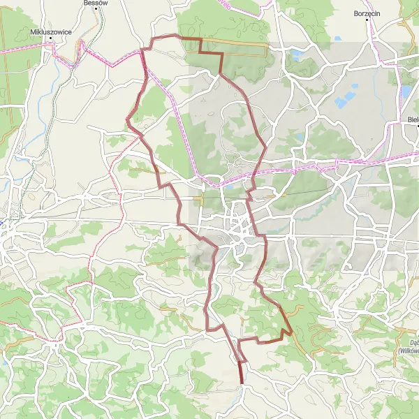 Map miniature of "Gravel Adventure to Okulice" cycling inspiration in Małopolskie, Poland. Generated by Tarmacs.app cycling route planner