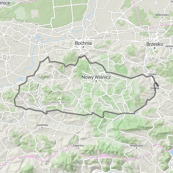 Map miniature of "Scenic Road Loop via Lipnica Murowana" cycling inspiration in Małopolskie, Poland. Generated by Tarmacs.app cycling route planner