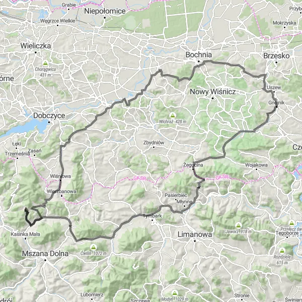 Map miniature of "Challenging Road Adventure to Gnojnik" cycling inspiration in Małopolskie, Poland. Generated by Tarmacs.app cycling route planner
