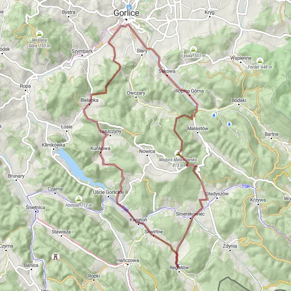 Map miniature of "Gravel Adventure to Skwirtne" cycling inspiration in Małopolskie, Poland. Generated by Tarmacs.app cycling route planner