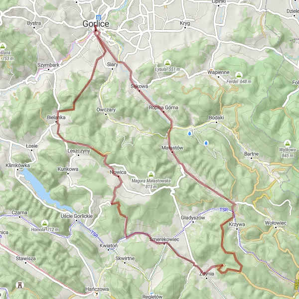 Map miniature of "Gorlice to Banica Gravel Loop" cycling inspiration in Małopolskie, Poland. Generated by Tarmacs.app cycling route planner