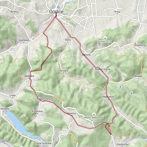 Map miniature of "Scenic Gravel Trail to Przełęcz Małastowska" cycling inspiration in Małopolskie, Poland. Generated by Tarmacs.app cycling route planner