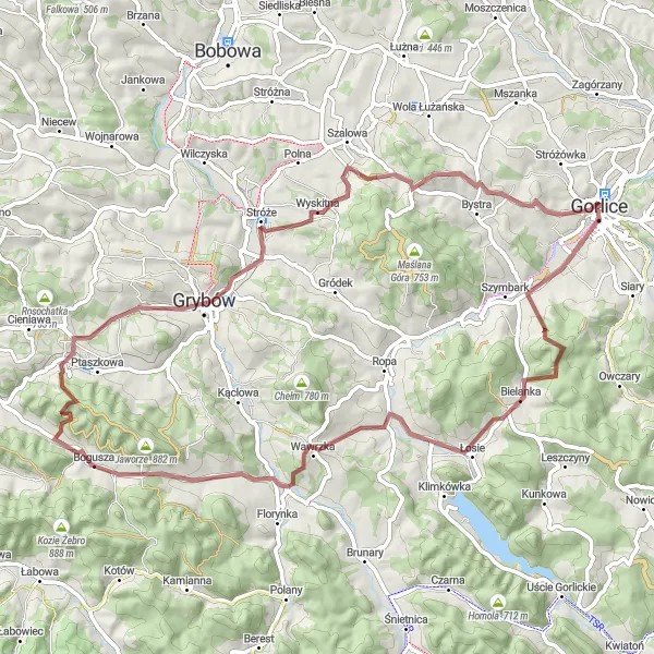 Map miniature of "Explore the Gorlice Countryside" cycling inspiration in Małopolskie, Poland. Generated by Tarmacs.app cycling route planner