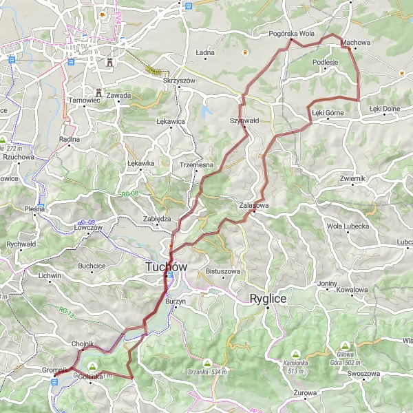 Map miniature of "Gromnik - Siedliska - Trzemeska Góra - Szynwałd - Pogórska Wola - Zalasowa - Lubaszowa - Nosalowa - Babia Góra - Gromnik (Gravel)" cycling inspiration in Małopolskie, Poland. Generated by Tarmacs.app cycling route planner