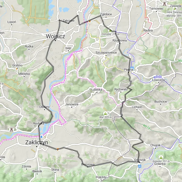 Map miniature of "Gromnik - Roztoka - Panieńska Góra - Zakrzów - Ostrębie - Pleśna - Babia Góra - Gromnik (Road)" cycling inspiration in Małopolskie, Poland. Generated by Tarmacs.app cycling route planner