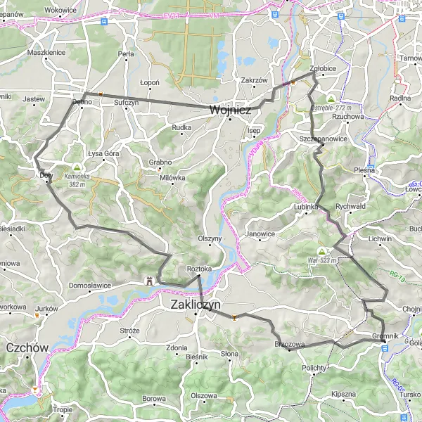 Map miniature of "Gromnik - Faściszowa Loop" cycling inspiration in Małopolskie, Poland. Generated by Tarmacs.app cycling route planner