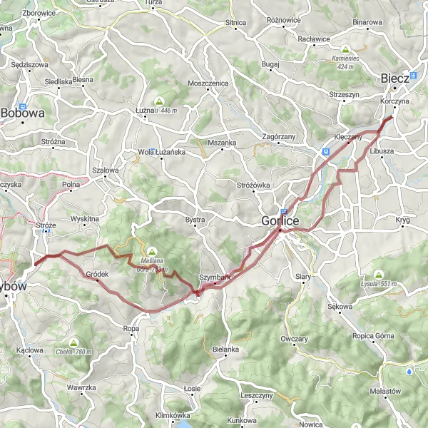 Map miniature of "Ropica Polska and Szymbark Adventure" cycling inspiration in Małopolskie, Poland. Generated by Tarmacs.app cycling route planner