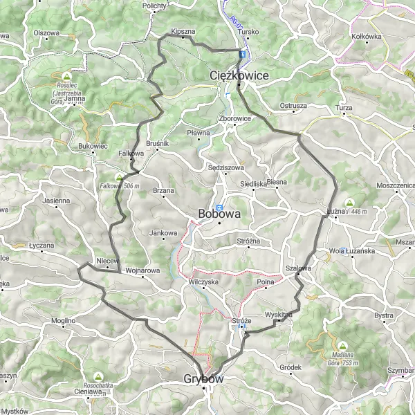 Map miniature of "Kipszna Road Adventure" cycling inspiration in Małopolskie, Poland. Generated by Tarmacs.app cycling route planner