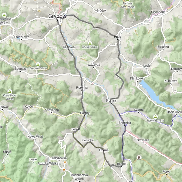 Miniatura mapy "Szlakiem Babiej Góry i Ropy" - trasy rowerowej w Małopolskie, Poland. Wygenerowane przez planer tras rowerowych Tarmacs.app