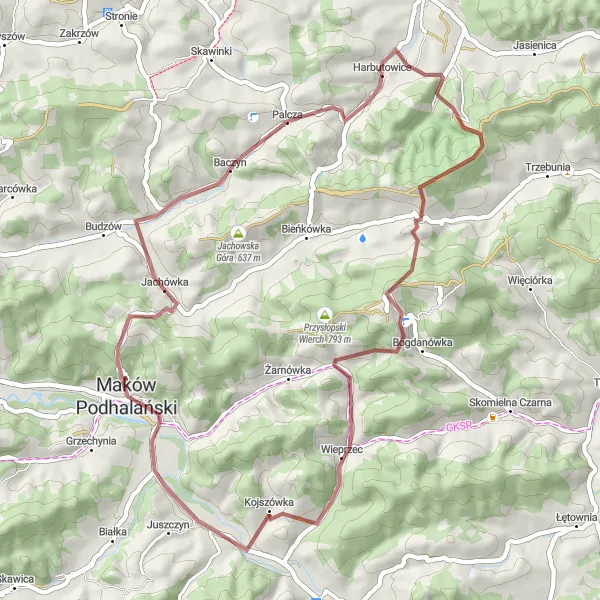 Map miniature of "Gravel Adventure: Babica Loop" cycling inspiration in Małopolskie, Poland. Generated by Tarmacs.app cycling route planner