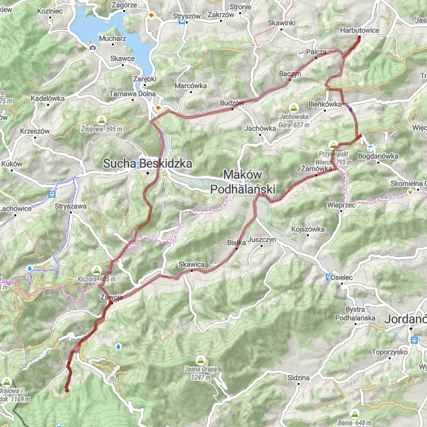 Map miniature of "Magurka Loop" cycling inspiration in Małopolskie, Poland. Generated by Tarmacs.app cycling route planner