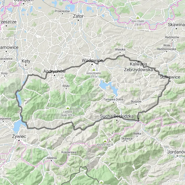 Map miniature of "Road Cycling Adventure near Harbutowice" cycling inspiration in Małopolskie, Poland. Generated by Tarmacs.app cycling route planner