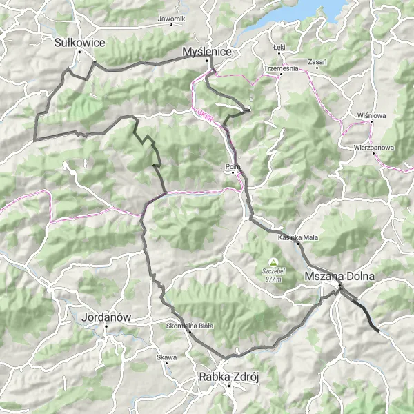 Miniatura mapy "Trasa z Myślenic na szczyt Krowiej Góry" - trasy rowerowej w Małopolskie, Poland. Wygenerowane przez planer tras rowerowych Tarmacs.app