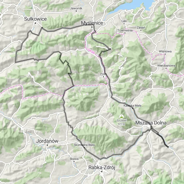 Map miniature of "Myślenice Highlights" cycling inspiration in Małopolskie, Poland. Generated by Tarmacs.app cycling route planner